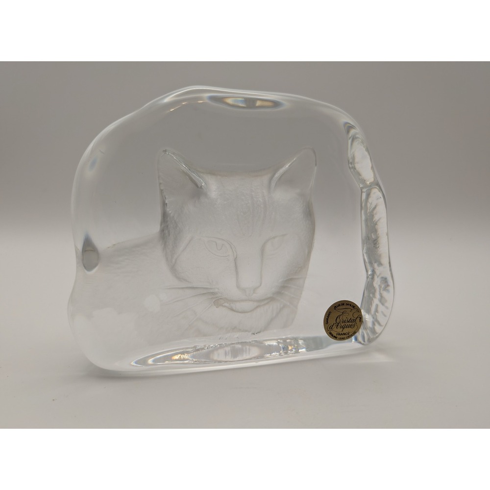 Cristal dArques France Lead Crystal Cat Paperweight Frosted Intaglio Art Glass